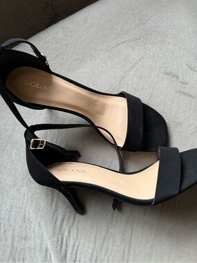 Solanz Black Ankle-Strap Mid-Heel Sandals for Women